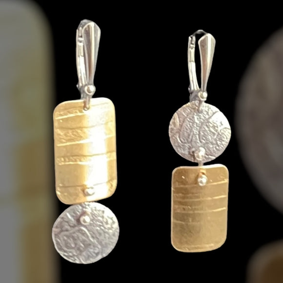 Asymmetrical Sterling Silver & NuGold Riveted Dangle Earrings