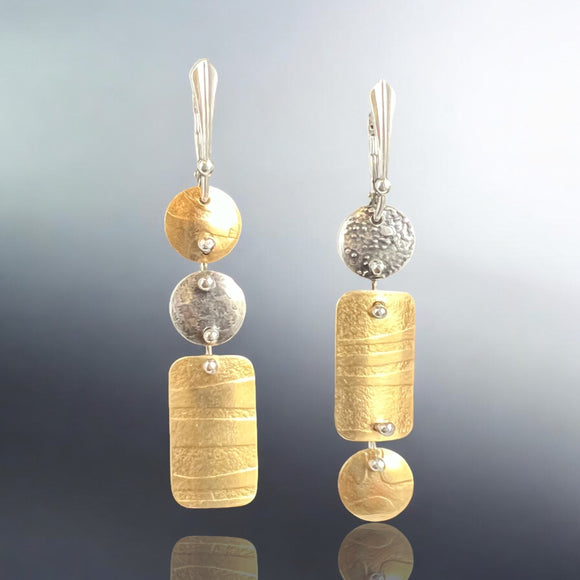 Asymmetrical Art Jewelry Earrings in Sterling & NuGold with Textures