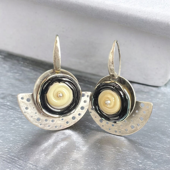 Ivory Lampwork Glass Half-Moon Earrings – Handmade by Diana Hirschhorn