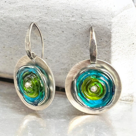 Vibrant Blue & Green Lampwork Glass Dangles – Stainless & Sterling