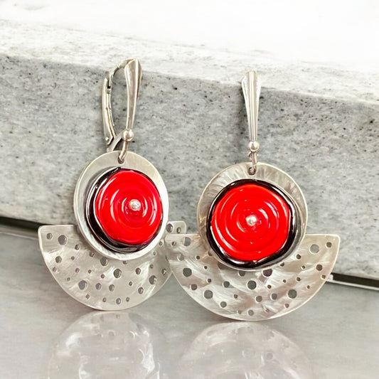 Red Lampwork & Stainless Steel Half-Moon Dangle Earrings