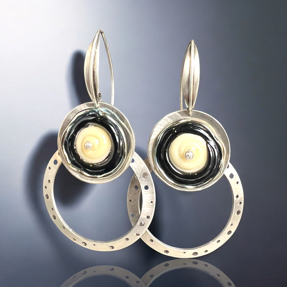 Modern Art Black & Ivory Lampwork Dangles with Open HoopsBlack & Ivory Lampwork Glass Dangles with Stainless Steel Hoops