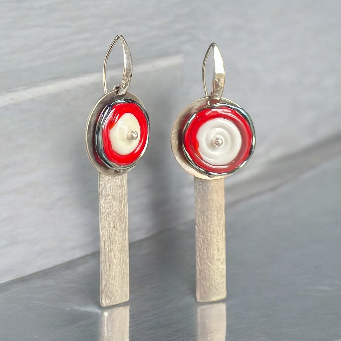 Architectural Red & White Lampwork Earrings with Textured Silver Bars