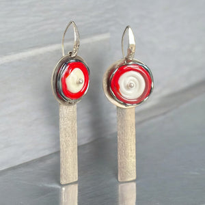 Architectural Red & White Lampwork Earrings with Textured Silver Bars