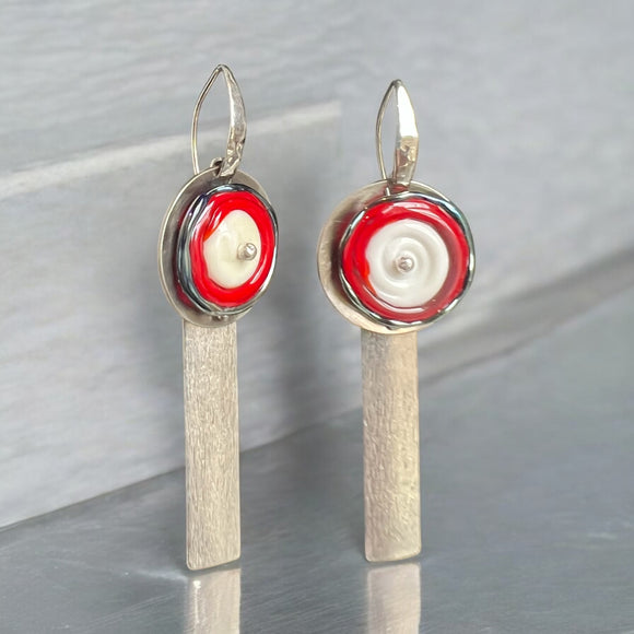 Architectural Red & White Lampwork Earrings with Textured Silver Bars
