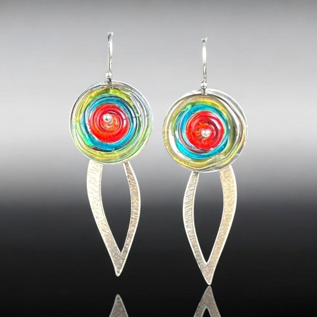 Garden Party Statement Dangles – Multicolor Glass & Golden Leaf Shapes