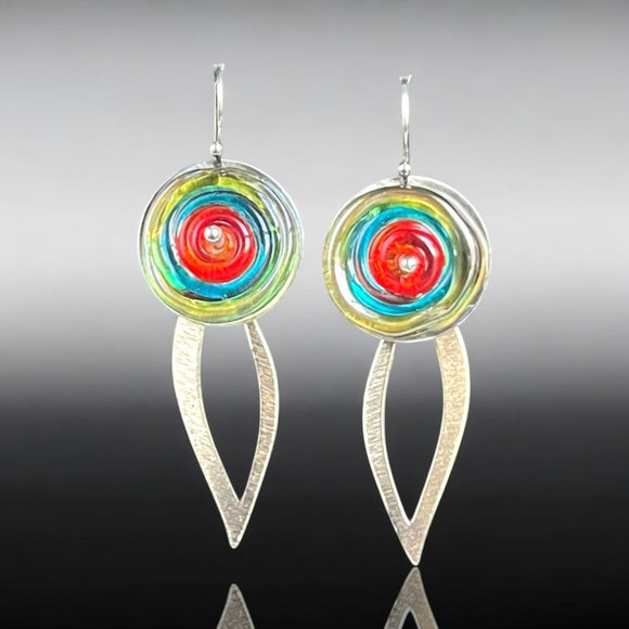 Garden Party Statement Dangles – Multicolor Glass & Golden Leaf Shapes