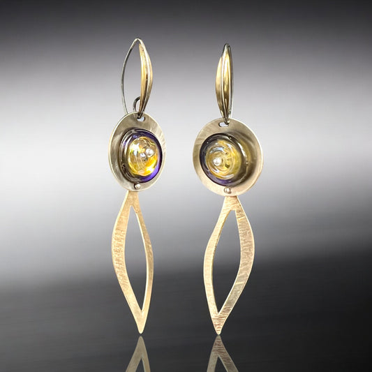 Architectural Lampwork Earrings with Golden Leaf Shapes & Violet-Yellow Glass