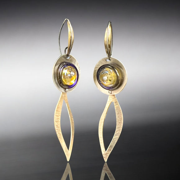 Architectural Lampwork Earrings with Golden Leaf Shapes & Violet-Yellow Glass
