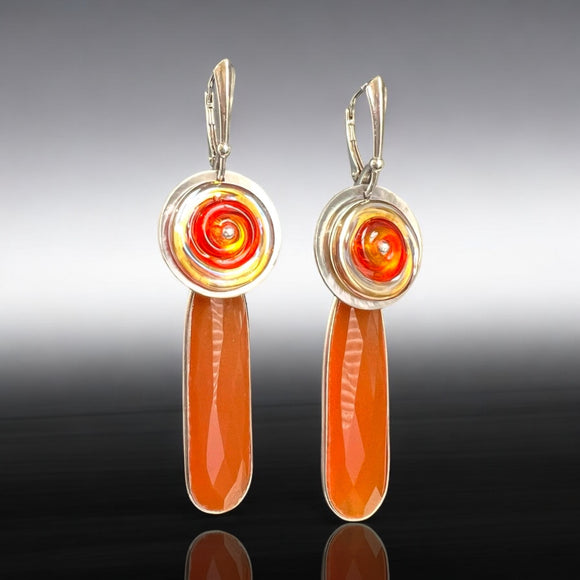 Red Onyx Earrings with Swirling Orange & Amber Lampwork Glass