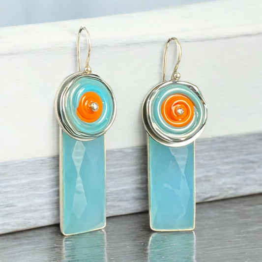 Aqua Chalcedony & Orange/Turquoise Glass Modern Dangle Earrings