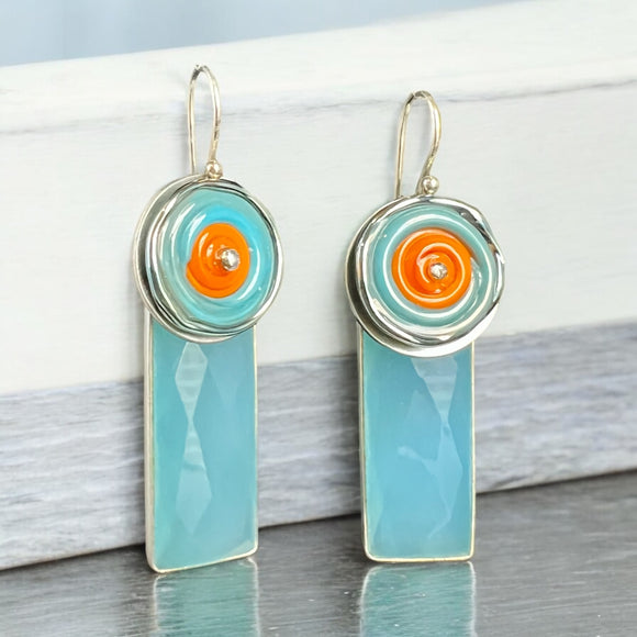 Aqua Chalcedony & Orange/Turquoise Glass Modern Dangle Earrings