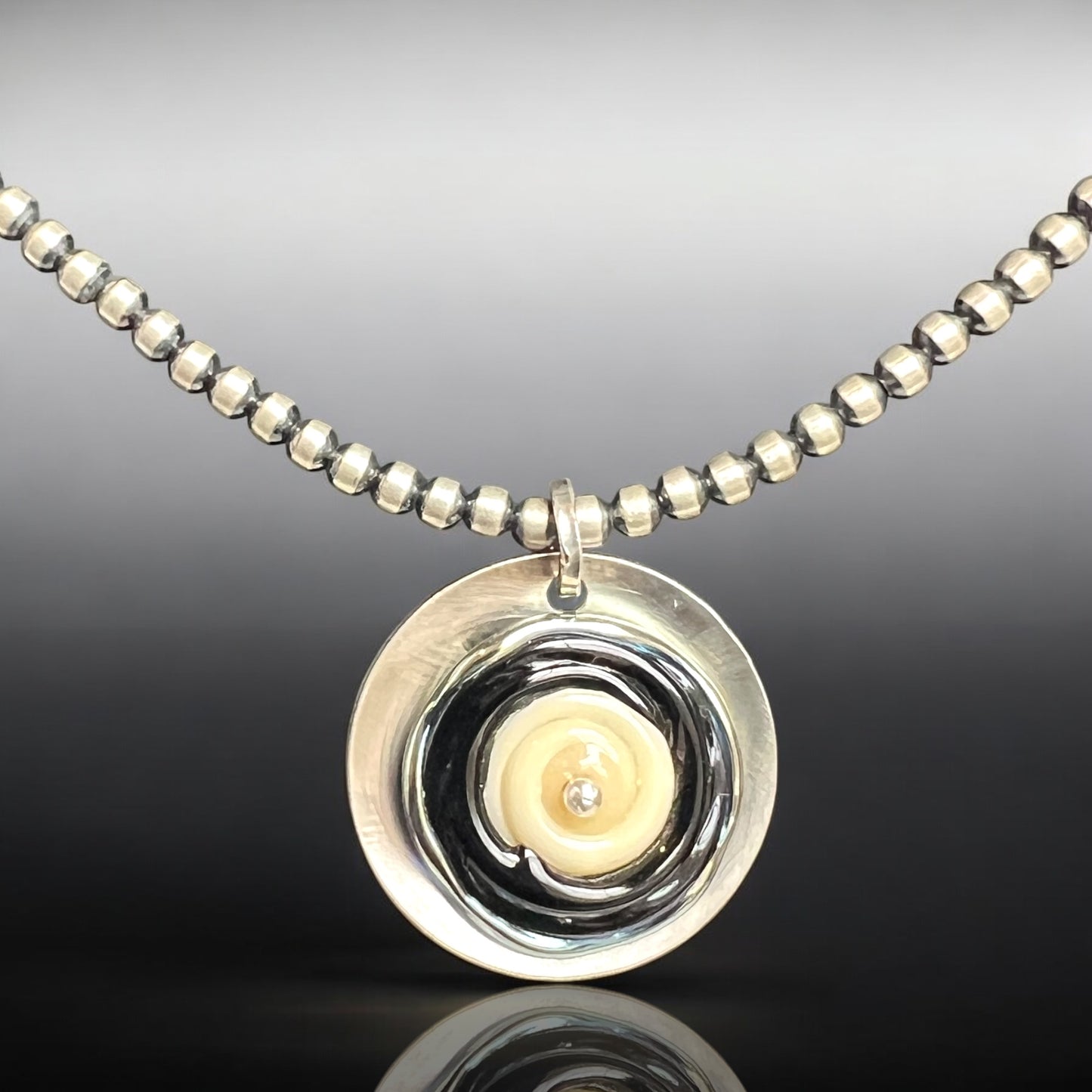 Modern Art Black & Ivory Lampwork Pendant with Sterling Beaded Chain