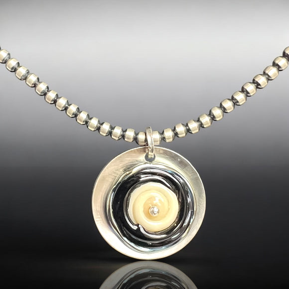 Modern Art Black & Ivory Lampwork Pendant with Sterling Beaded Chain