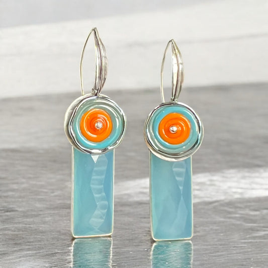 Aqua Chalcedony & Orange Glass Dangles – Contemporary Art Jewelry