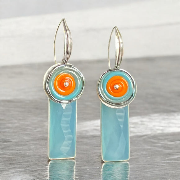 Aqua Chalcedony & Orange Glass Dangles – Contemporary Art Jewelry