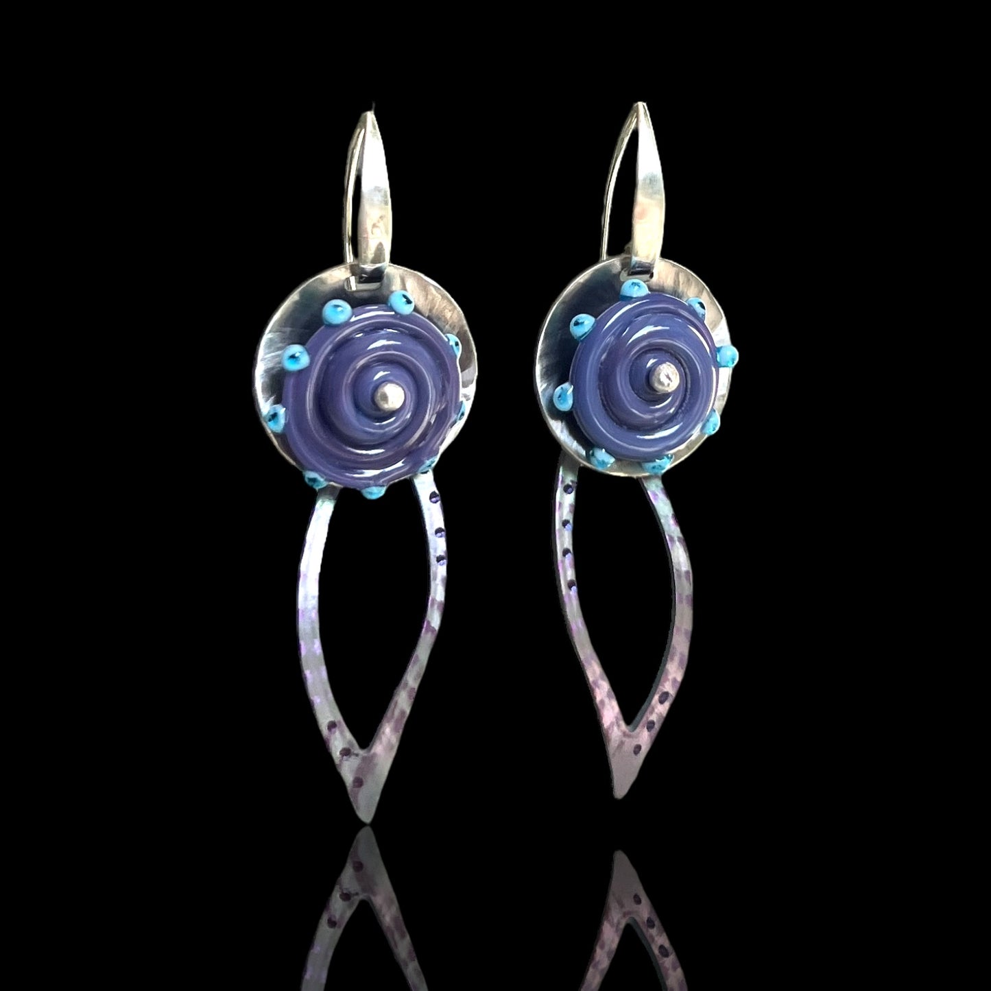 Deep Violet Lampwork Glass Handmade Flower Shape Dangles in Mixed Metals