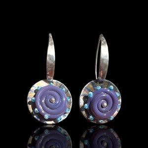 Purple Lampwork Glass Art Jewelry Dangle from Long Sterling Silver Drops