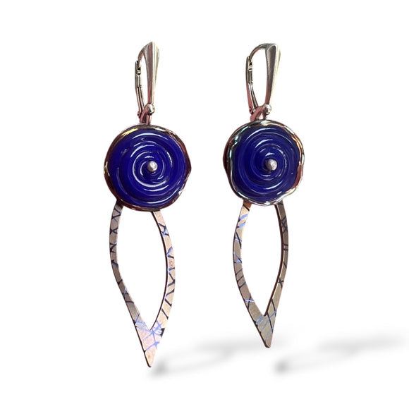 Art to Wear Handmade Cobalt Blue Lampwork Glass Flower Dangle Earrings