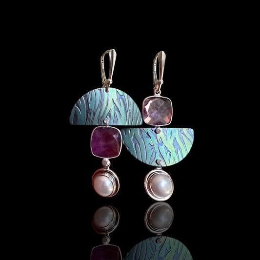 Asymmetrical Amethyst and Pearl Earrings – Titanium Fine Art Jewelry