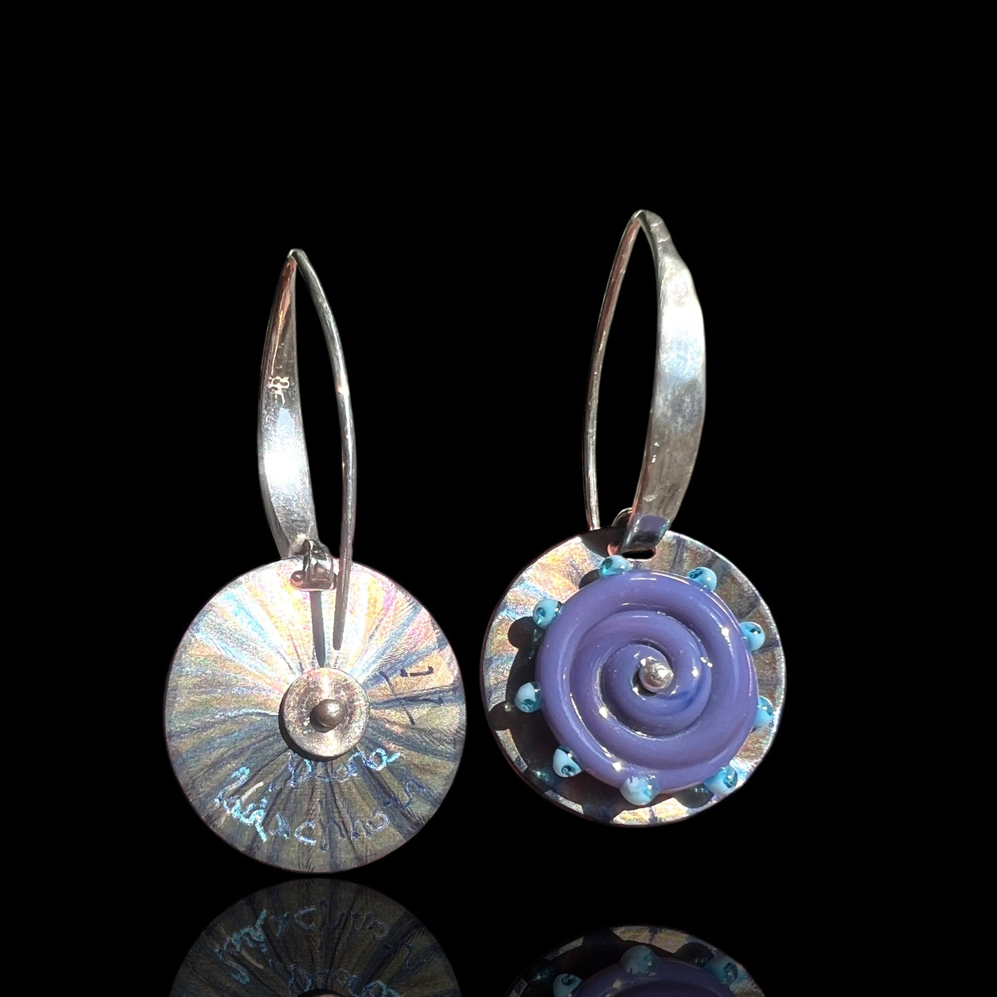 Purple Lampwork Glass Art Jewelry Dangle from Long Sterling Silver Drops