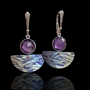 Titanium Earrings with Amethyst, Hand Engraved, Sterling Lever Backs