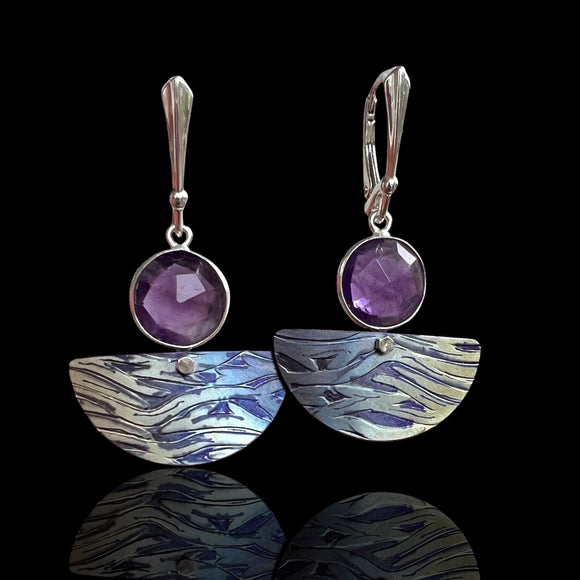 Titanium Earrings with Amethyst, Hand Engraved, Sterling Lever Backs