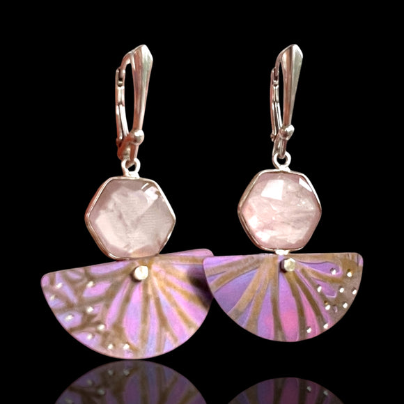 Handmade Rose Quartz and Titanium Fan Earrings with Sterling