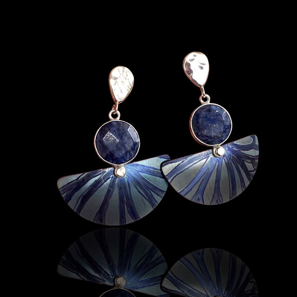 Blue Lapis, Titanium, Sterling Fan Shape Post Back Dangles Art to Wear