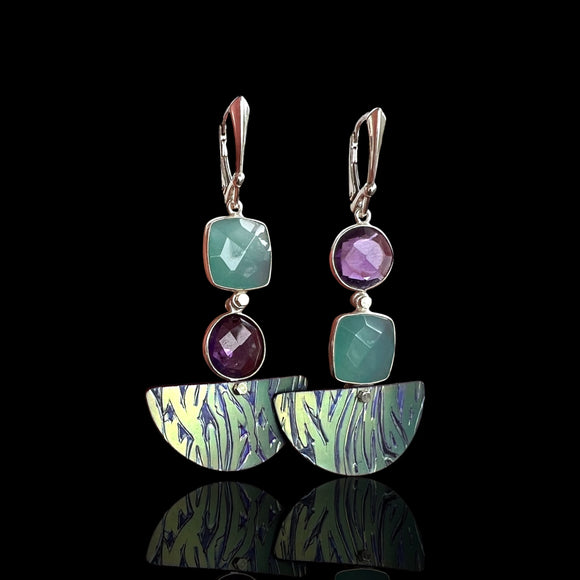 Asymmetrical Amethyst and Aqua Chalcedony Earrings – Titanium Half-Moons