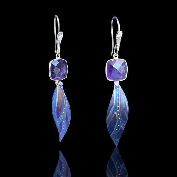 Handmade Titanium and Sterling Silver Amethyst Leaf Shape Earrings