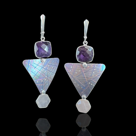 Amethyst and Rose Quartz Earrings – Titanium Geometry with Sterling Silver
