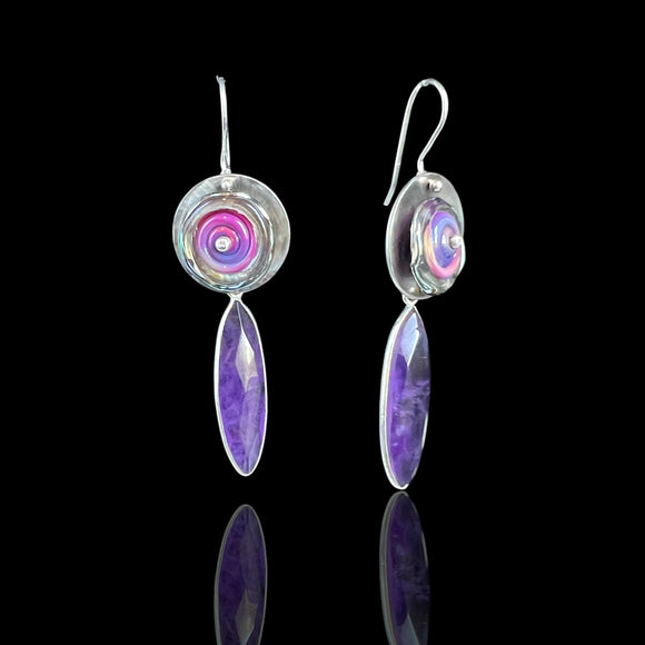 Lampwork Glass & Amethyst Drop Earrings – Handmade Art Jewelry