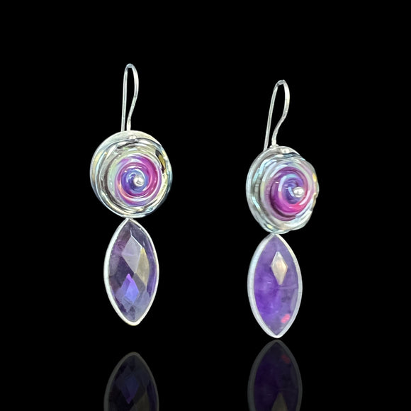 Purple Lampwork & Amethyst Drop Earrings – Handmade Art Jewelry