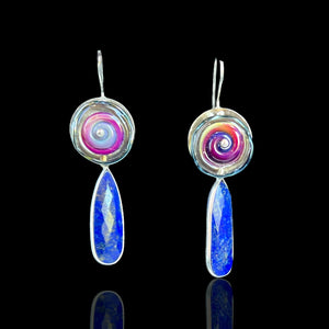 Purple-Pink Lampwork & Blue Lapis Drop Earrings – Handmade Jewelry