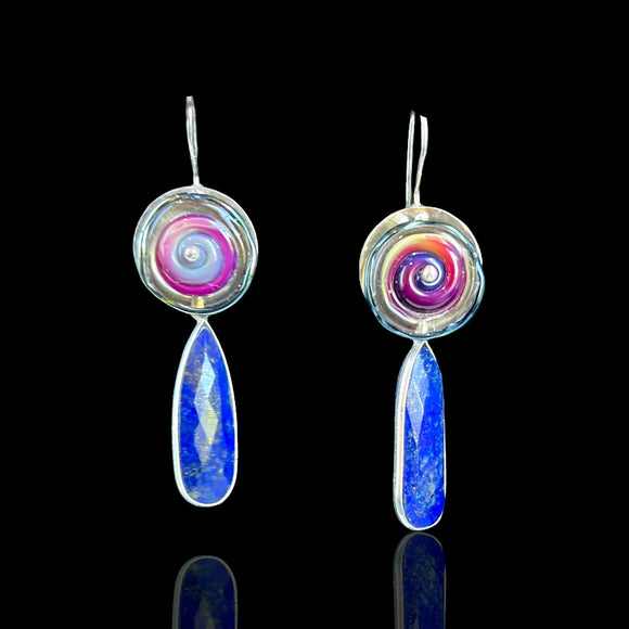 Purple-Pink Lampwork & Blue Lapis Drop Earrings – Handmade Jewelry