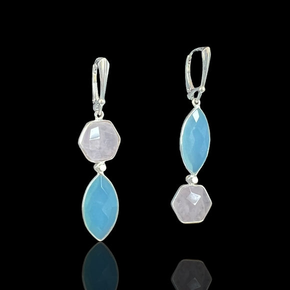 Asymmetrical Sterling Earrings with Rose Quartz & Aqua Chalcedony