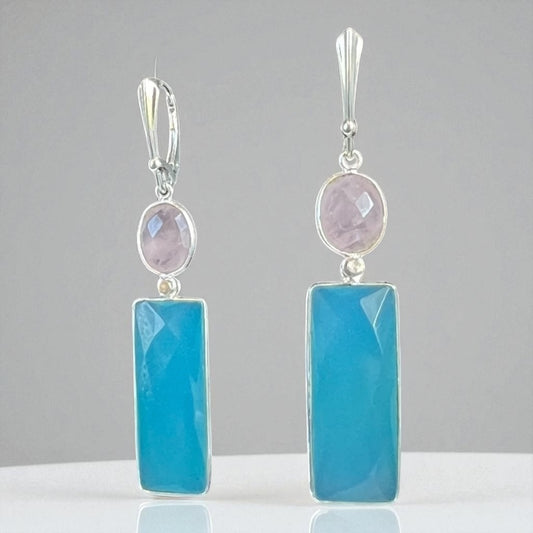 Modern and geometric Rose Quartz and Aqua Chalcedony Earrings