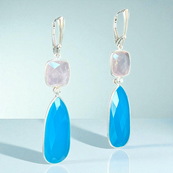 Rose Quartz and Aqua Chalcedony Teardrop Statement Earrings