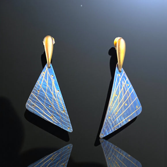 Handmade Sculptural Blue Titanium Earrings with Golden Line Engraving