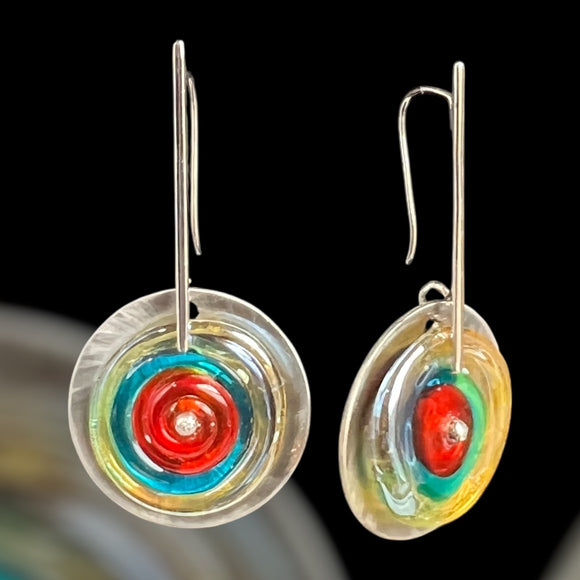 Handmade dangles with red, turquoise & yellow lampwork glass