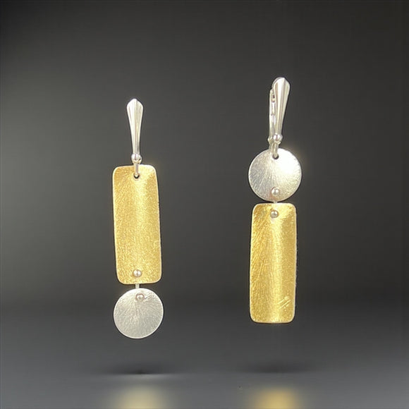 Asymmetrical Gold Rectangle Silver Circle Earrings
