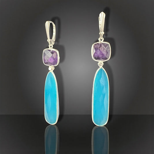 Amethyst & Aqua Chalcedony Dangle Earrings – Sterling Silver