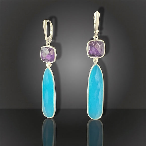 Amethyst & Aqua Chalcedony Dangle Earrings – Sterling Silver