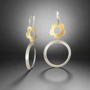 Gold Flower Silver Hoop Earrings