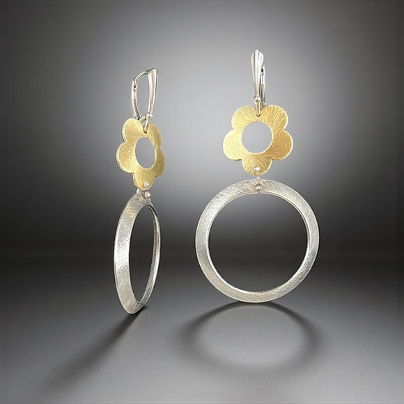 Gold Flower Silver Hoop Earrings