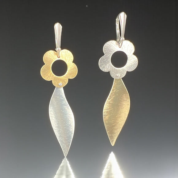 Asymmetrical Silver and Gold Floral Dangles