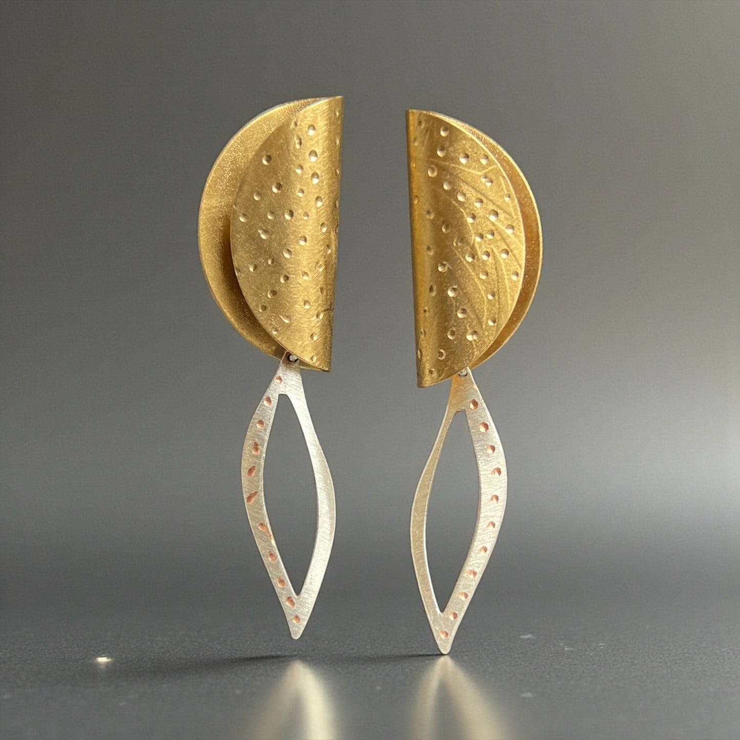 Nu Gold Half-Moon Earrings with Silver-Tone Leaf Drops (Post Back)