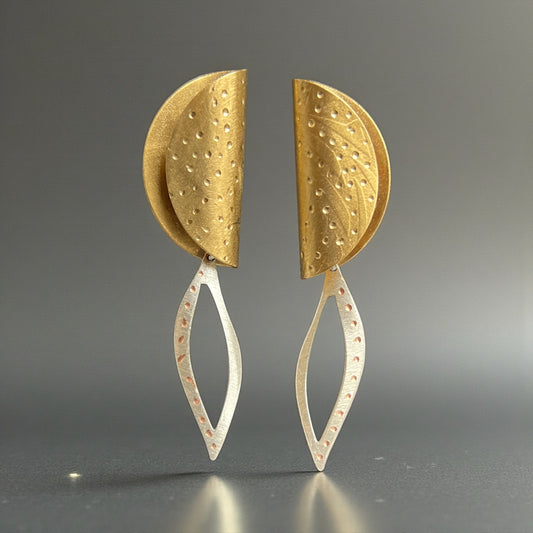 Nu Gold Half-Moon Earrings with Silver-Tone Leaf Drops (Post Back)