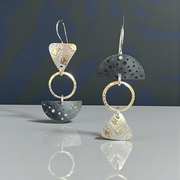 Sculptural Mixed-Metal Dangles in Fine Silver, 24K Gold & Black Steel